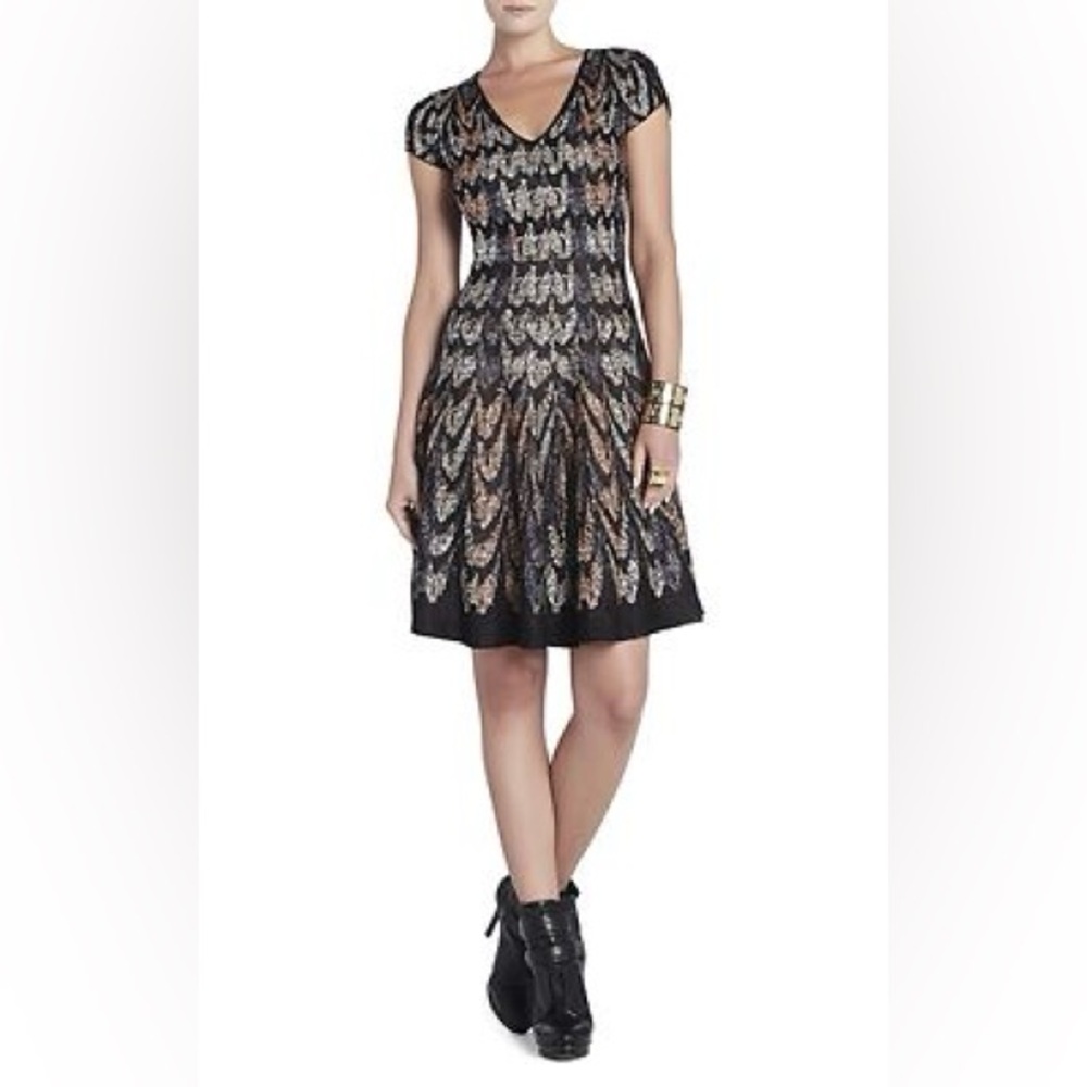 BCBGMAXAZRIA Violet Feather Silk/Cotton Jacquard A-Line Sweater Dress